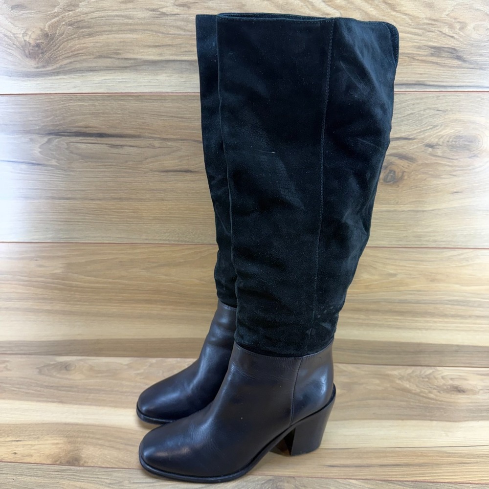 Vince Camuto Sukey Knee High Boots Womens 7 EU 37 Black Leather Block Heel